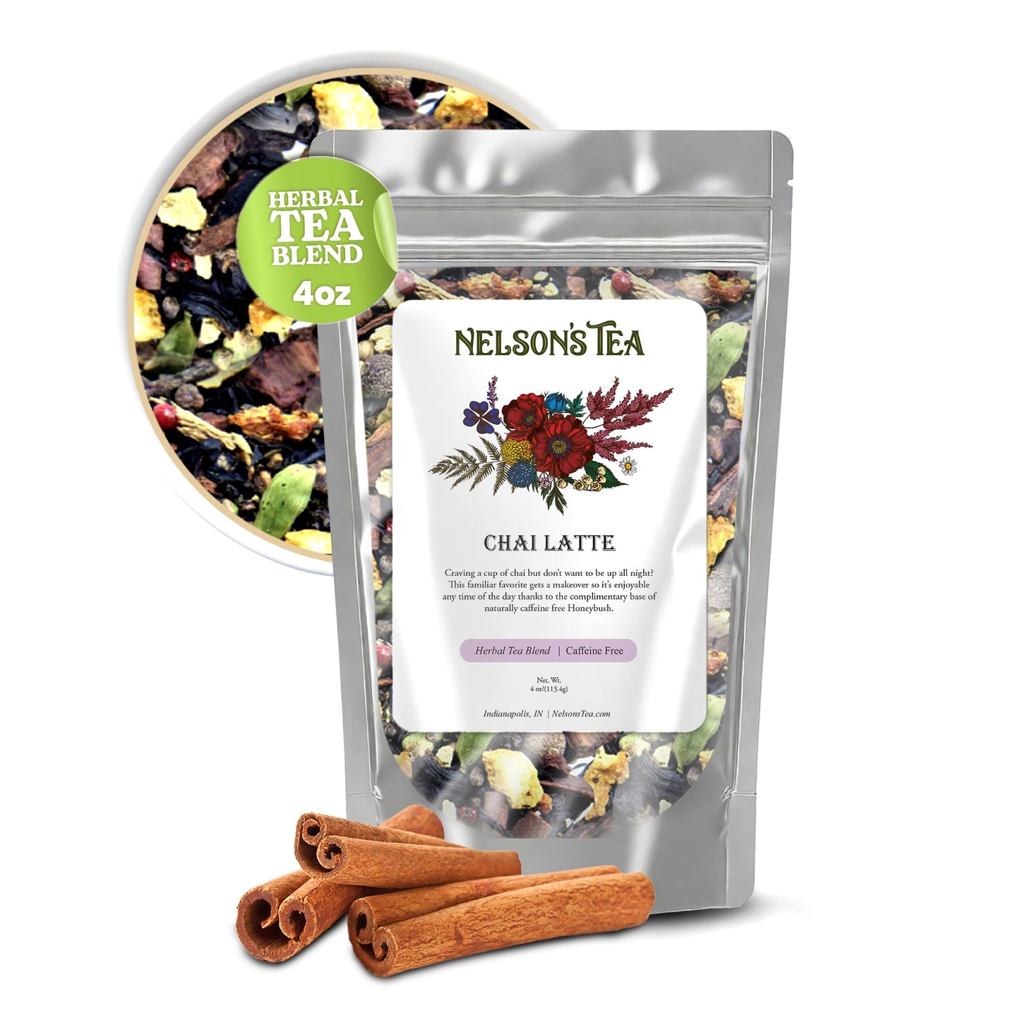 Nelson's Tea - Chai Latte (Caffeine Free) - Honeybush, cinnamon, cardamom seeds, clove, ginger root, allspice, cardamom pods, toasted coconut