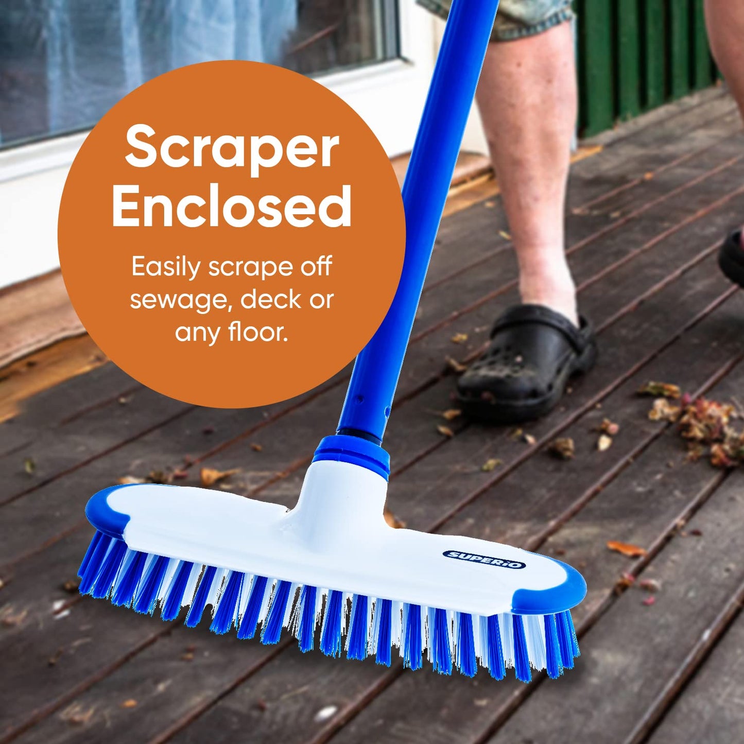 Superio Deck Scrub Brush with Long Handle 48 Inches, Heavy Duty Stiff Bristles Grout Scrubber with Scraper - Cleans Hot Tub, Swimming Pool, Granite