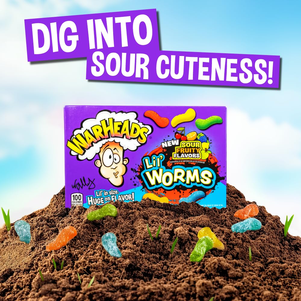 WARHEADS Lil' Worms - Sour Outside, Sweet and Chewy Inside - Black Cherry, Blue Raspberry & Green Apple Flavors - 3.5 oz. Theater Box