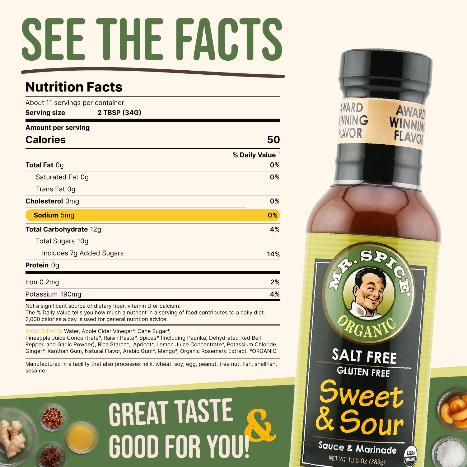 Mr. Spice Organic Sweet and Sour Sauce, Salt Free Sweet & Sour Dipping Sauce (5 mg/serving), Gluten Free, Low Sodium Sauces for Marinade and Wok, No