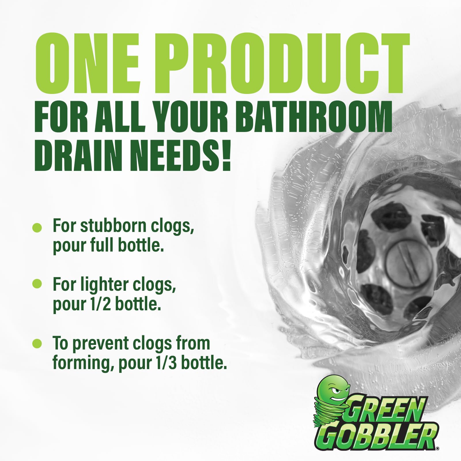 Green Gobbler Ultra Concentrated Drain Clog Remover & Cleaner | Powerful Hair, Grease & Soap Dissolver for Bathroom, Kitchen, Shower, Sink & Toilet |