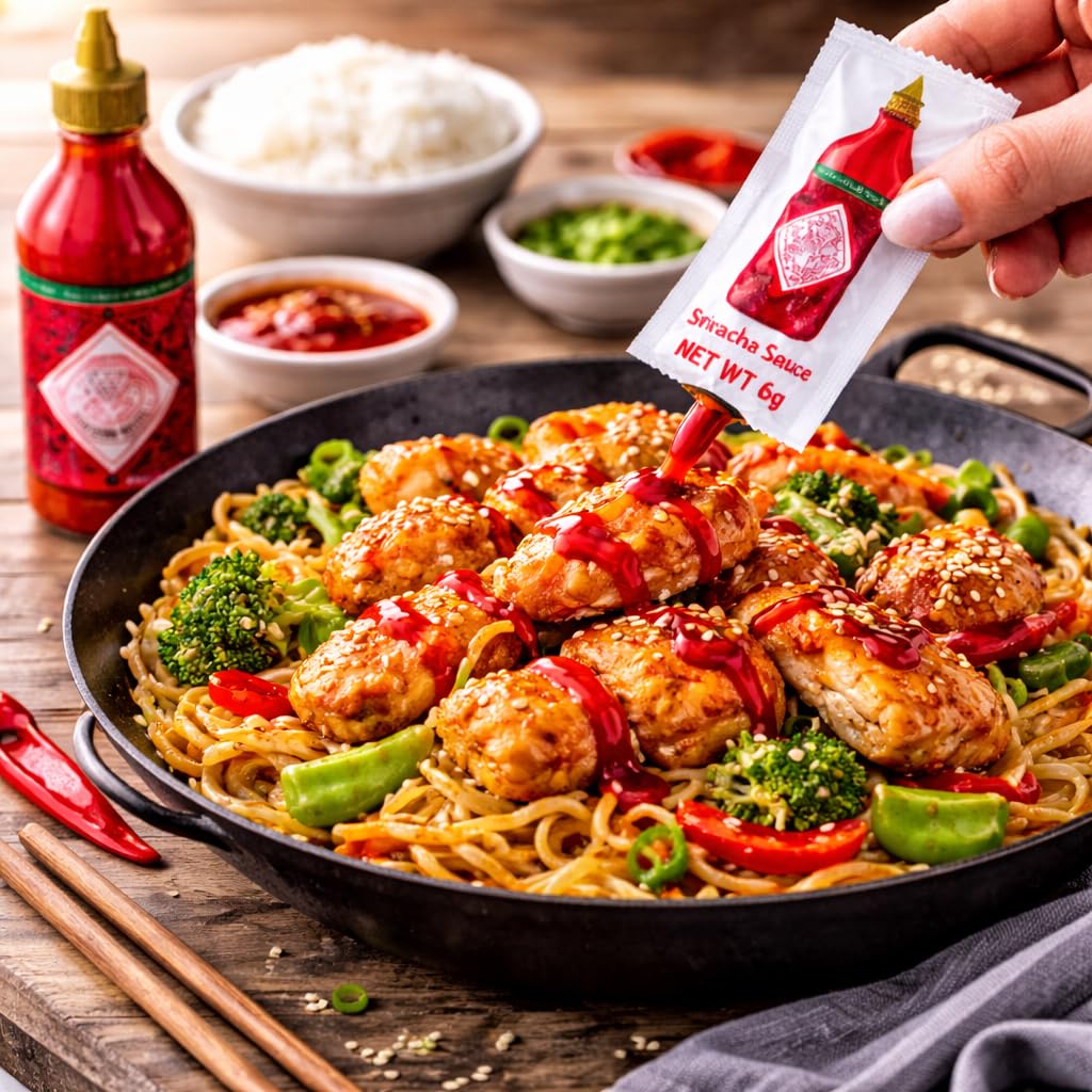 Sriracha Sauce Packets, 20 Count - Single Serve Hot Sauce Sachets (6g Each) - Spicy Red Jalapeño Condiment for Travel, Lunch Box, Restaurant
