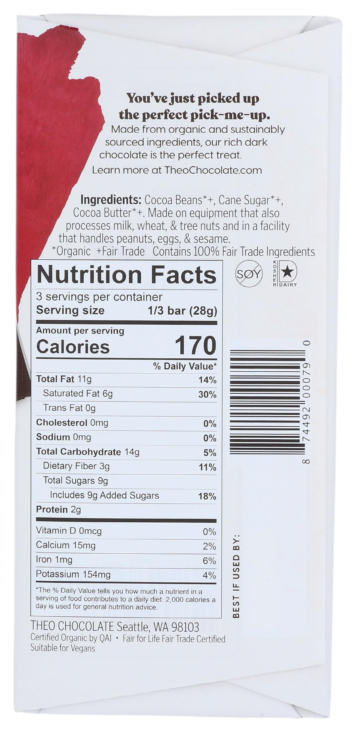 Theo Pure Organic Dark Chocolate Bar, 70% Cacao, 1 Bar | Vegan, Fair Trade
