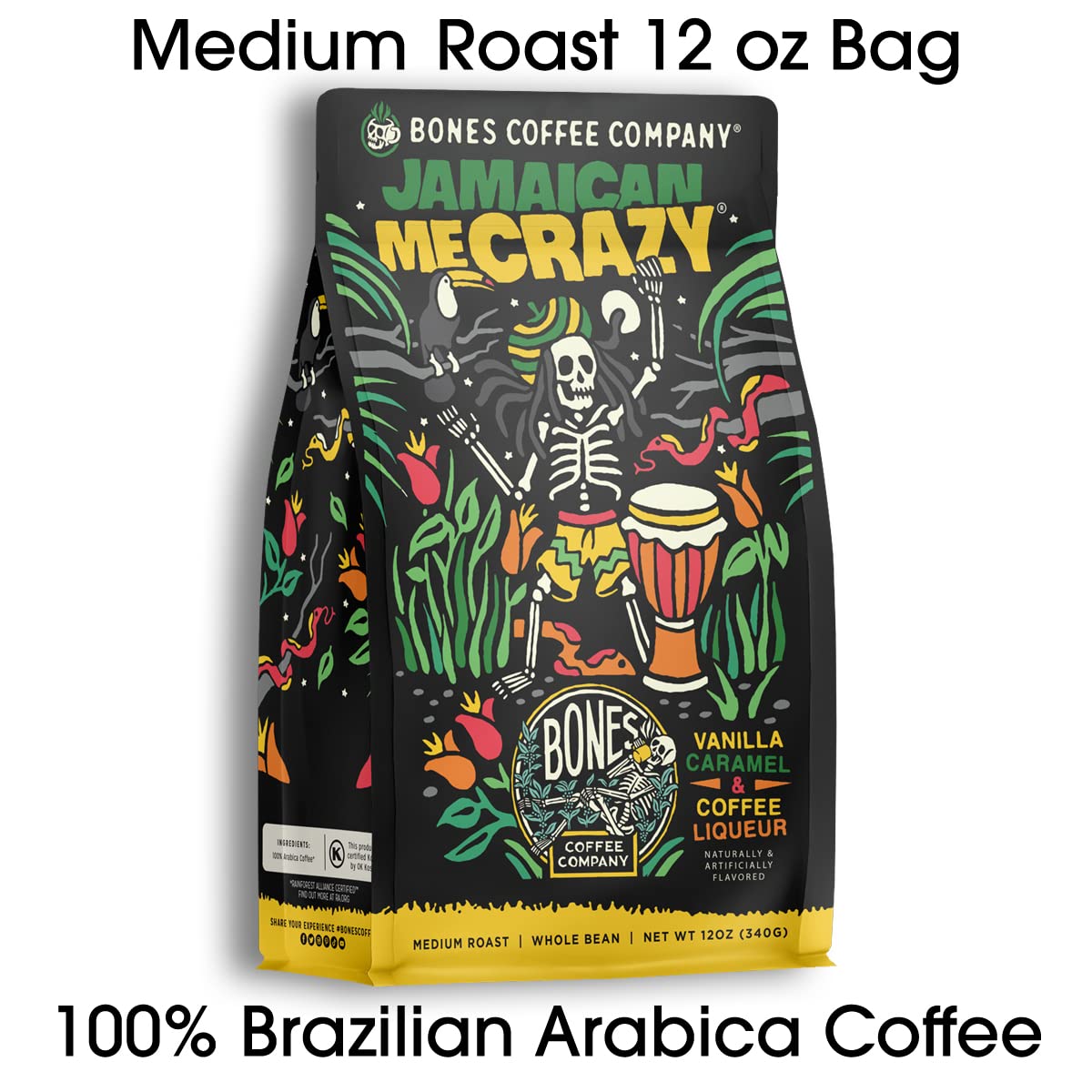 Bones Coffee Company Jamaican Me Crazy, Vanilla Caramel Flavored Coffee, Medium Roast Low Acid Arabica Beans Compatible with Auto drip and French