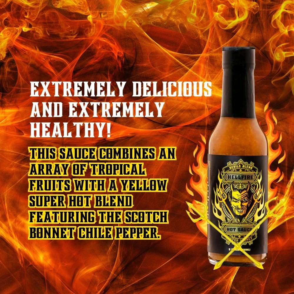 Hellfire Devil's Blend Scotch Bonnet Hot Sauce, Gourmet, Made with the Finest ingredients Pineapple and Scotch Bonnet Peppers creates Sweet Heat at