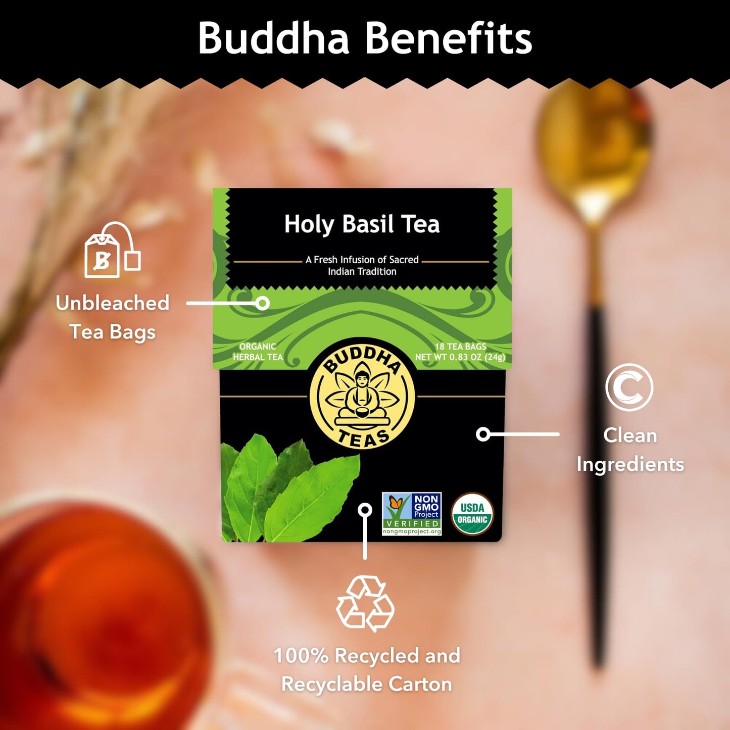 Buddha Teas - Holy Basil - Organic Herbal Tea - For Cognitive Balance & Overall Health - Ayurvedic Tulsi - With Antioxidants - Caffeine Free - 100%