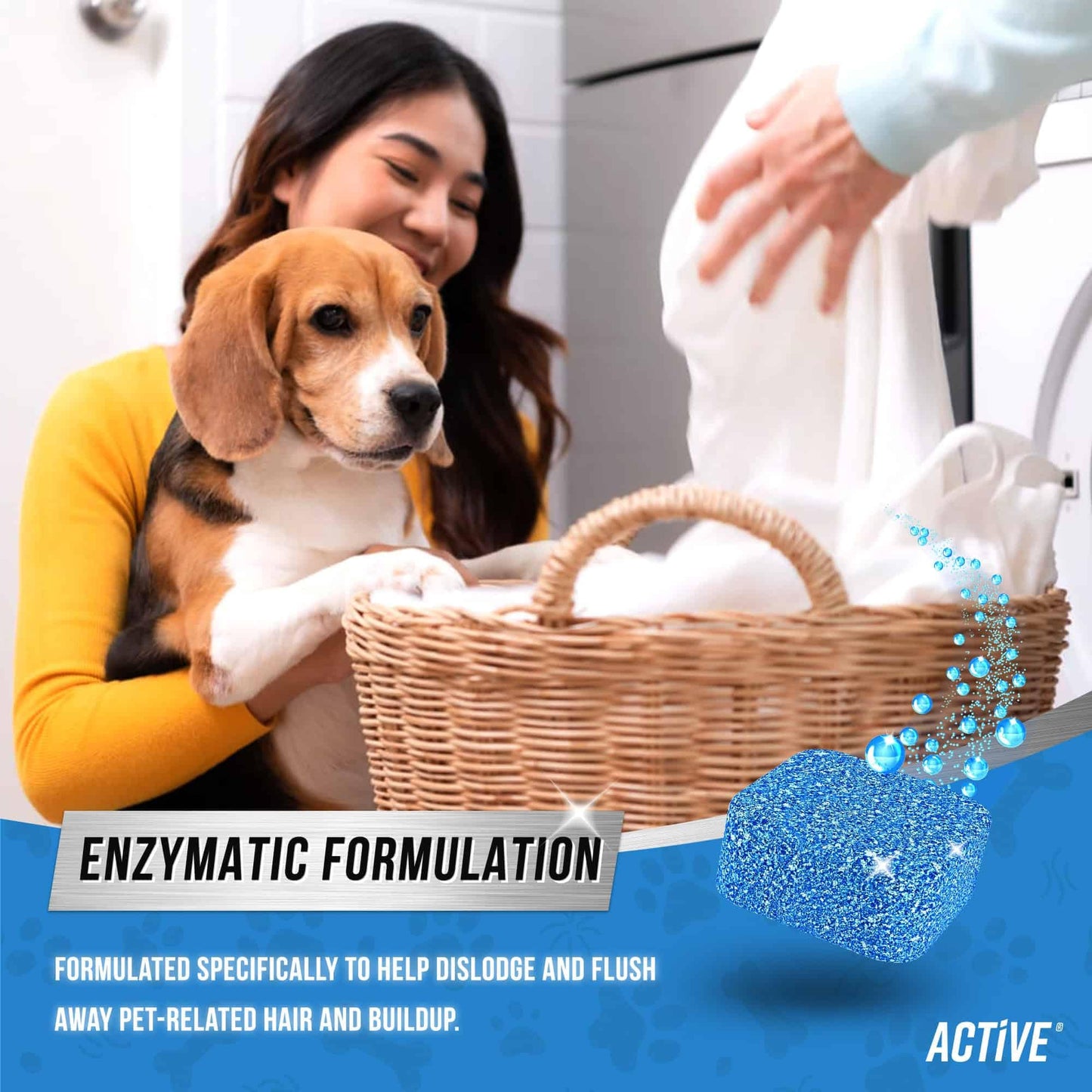 ACTIVE Washing Machine Cleaner for Pet Owners Enzymatic Deep Clean Descaler for Cat & Dog Hair, Urine, Odor, Residue, 24 Septic-Safe Tablets for Top