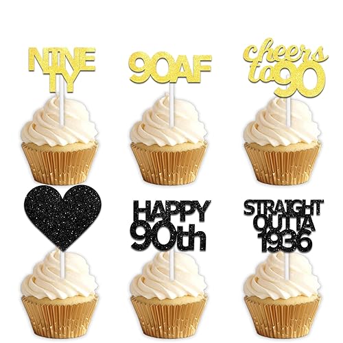 18pcs Black Gold Glitter Dessert Cupcake Pick for Straight Outta 1936 Cheer to 90 Years Old Theme Decor Supplies Happy 90th Birthday Party Decoration