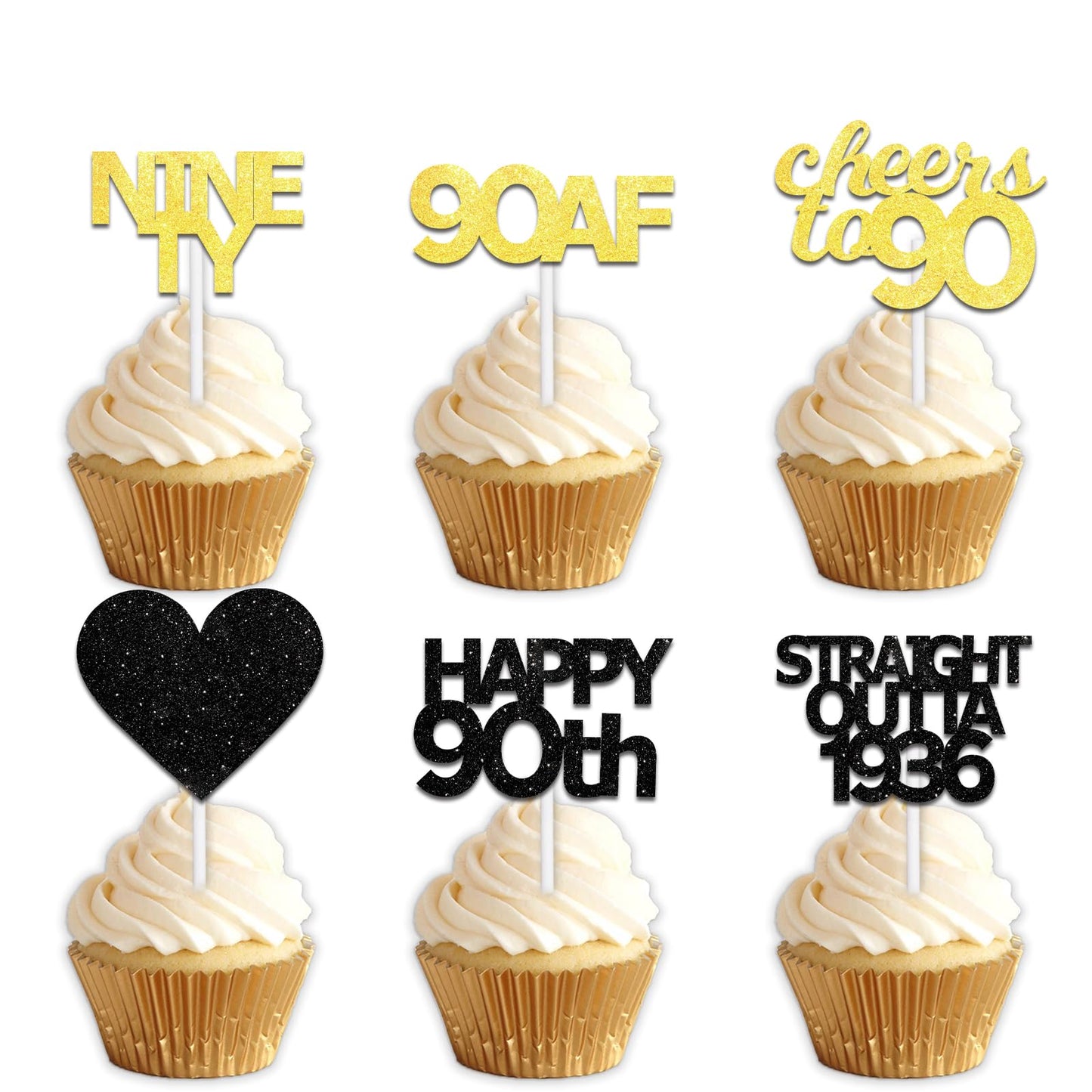 18pcs Black Gold Glitter Dessert Cupcake Pick for Straight Outta 1936 Cheer to 90 Years Old Theme Decor Supplies Happy 90th Birthday Party Decoration
