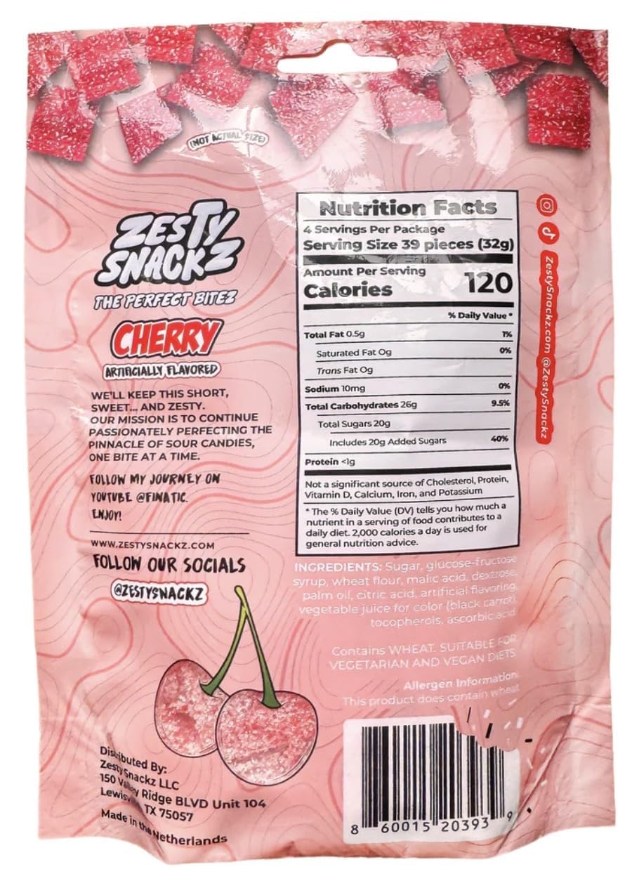 Cherry Zesty Bitez - Sour Candy Belts - Vegan Candy Strips, Super Sour Gummies - Mouth Puckering Sweet Candies for Adults & Kids - Resealable Pouch