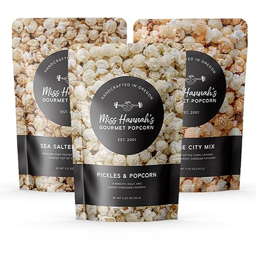 Miss Hannah's Gourmet Popcorn Starter Pack - Sea Salted Brulee, Bridge City Mix, Pickles & Popcorn - Non-GMO, Sweet & Savory Snack Box for Gifting or