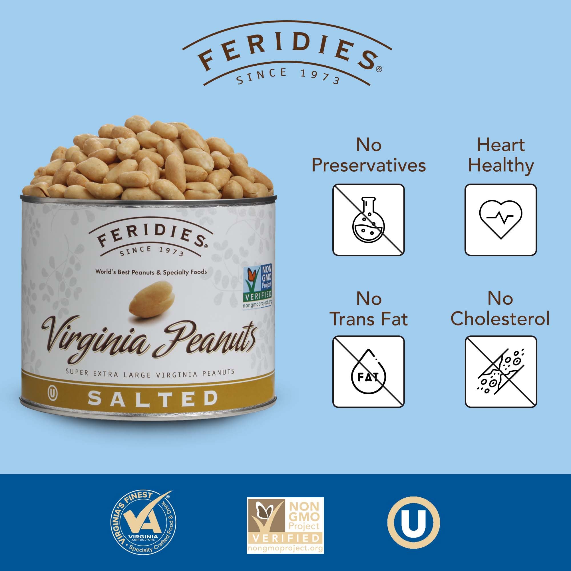 FERIDIES Extra Large Gourmet Virginia Salted Peanuts, Cooked in Pure Peanut Oil, No Preservatives, Non-Gmo, Kosher Certified - 36 Oz Tin
