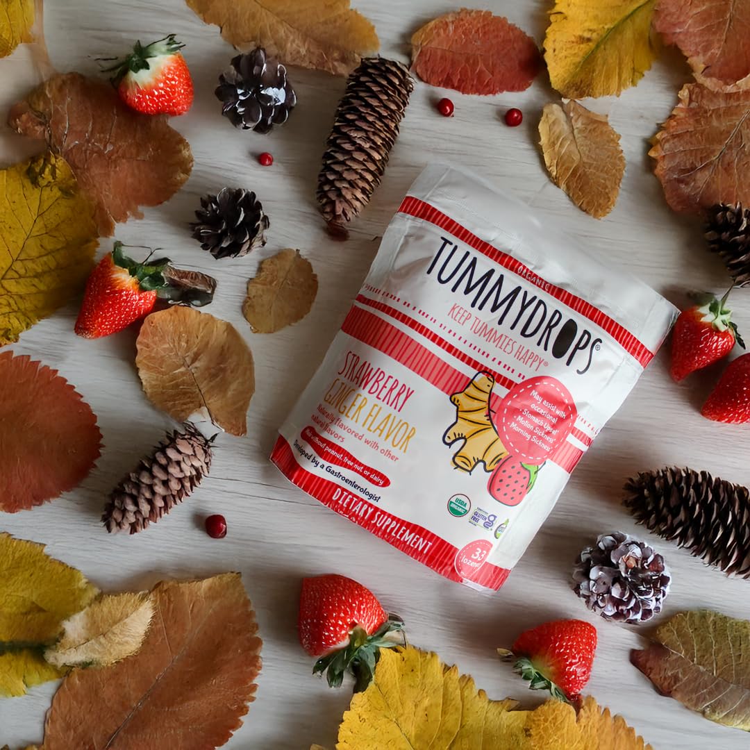 USDA Organic Strawberry Ginger Tummydrops, Gluten Free & Vegan, 33 Individually Wrapped Organic Ginger Lozenges