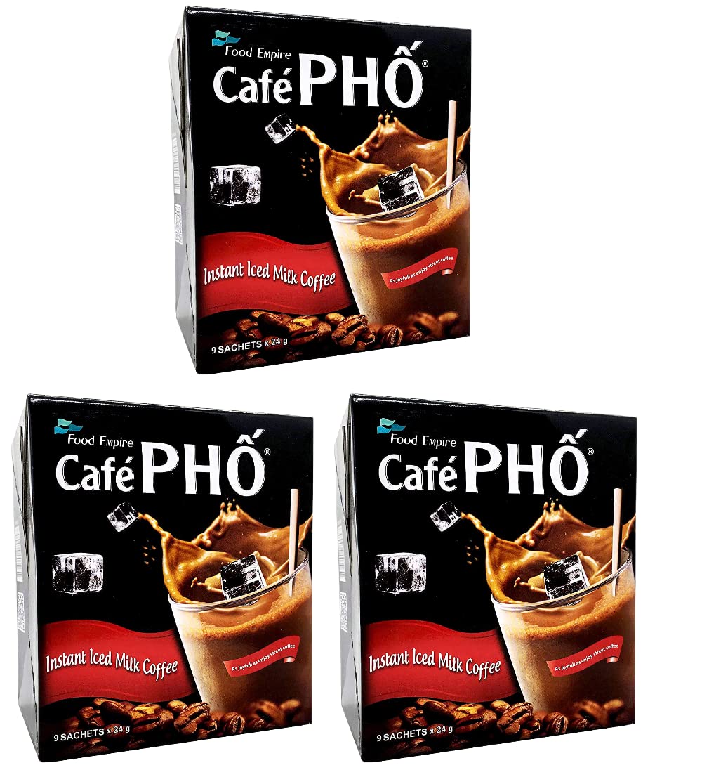 Cafe Pho Vietnamese 3in1 Instant Coffee Mix, Iced Milk Coffee, Cafe Sua Da, Single Serve Coffee Packets, Box of 9 Sachets, Pack of 3