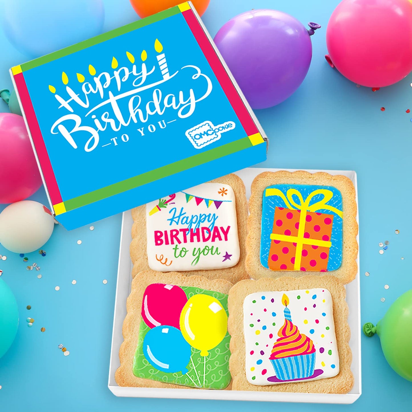 Happy Birthday Cookies 4 PACK Gift Basket for Kids Men Women | Decorated Sugar Cookie Gift Box | Individually Wrapped Party Favors Nut Free (Birthday