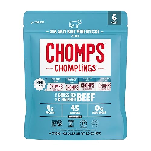 Chomps Mini Grass-Fed and Finished Sea Salt Beef Jerky Snack Sticks 6-Pack - Keto, Paleo, Whole30, 4g Lean Meat Protein, Gluten-Free, Zero Sugar Food