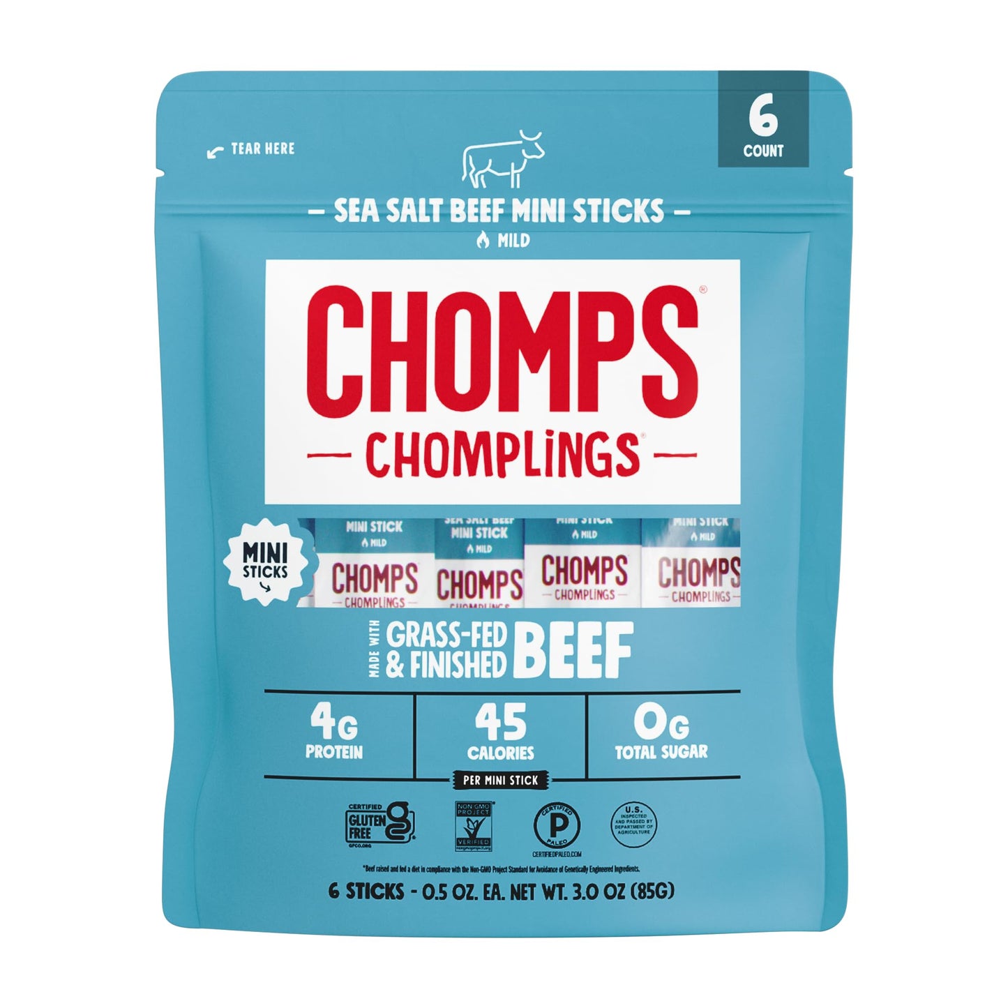 Chomps Mini Grass-Fed and Finished Sea Salt Beef Jerky Snack Sticks 6-Pack - Keto, Paleo, Whole30, 4g Lean Meat Protein, Gluten-Free, Zero Sugar Food