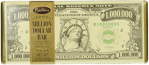 Barton's Million Dollar Milk Chocolate Bar, Creamy Milk Chocolate Candy, Fun Novelty Gift, Party Favor, Stocking Stuffer (2 Ounce Bar, Pack of 12)