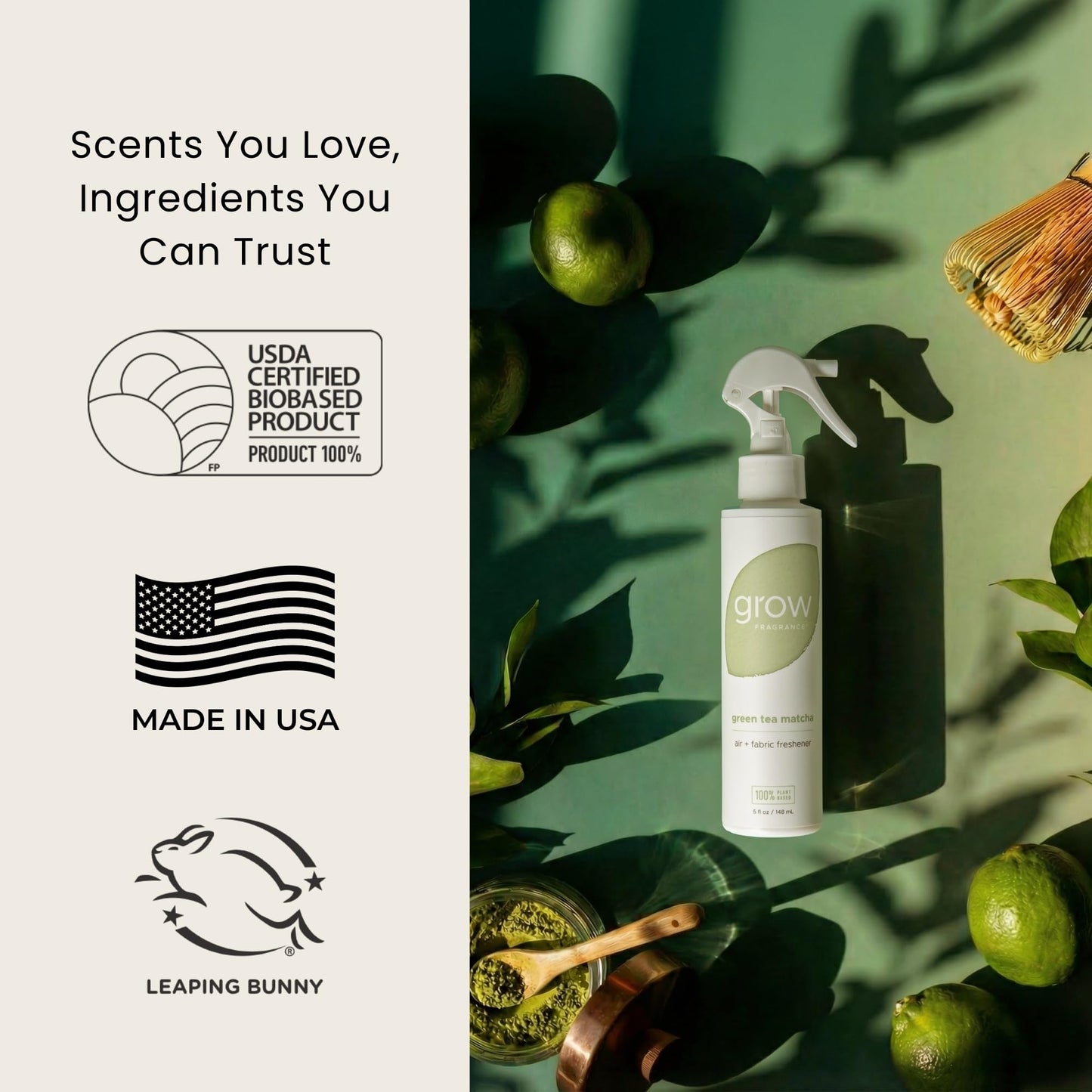 Grow Fragrance Fresh Clean 3-Pack - Non Toxic Air Freshener Spray - Green Tea Matcha, Hibiscus Tea & Wildflower Rain - 100% Plant-Based Essential Oils
