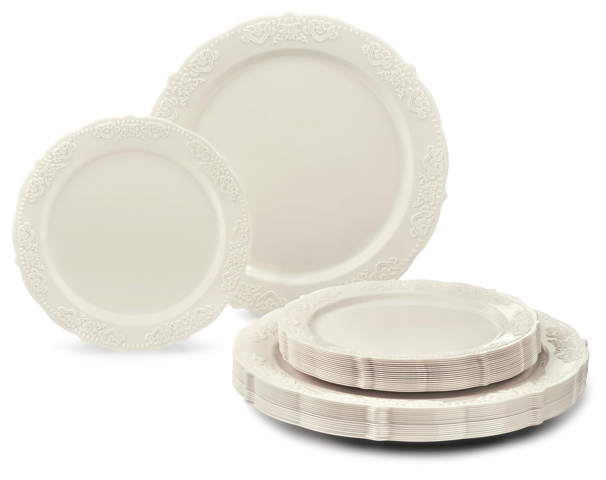 OCCASIONS 50 Piece Ivory Plastic Plates for 25 Guests, Heavy Duty Fancy Disposable Dinnerware Set, 25 Dinner 10.25" & 25 Salad/Dessert, China-Like