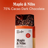 Raaka Chocolate Maple & Nibs, 75% Cacao Dark Chocolate | Gourmet Dark Chocolate Gift | Organic, Paleo, Vegan, Fair Trade, Soy Free, Non GMO, Gluten