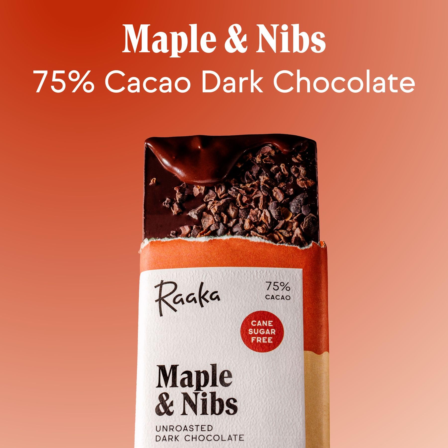 Raaka Chocolate Maple & Nibs, 75% Cacao Dark Chocolate | Gourmet Dark Chocolate Gift | Organic, Paleo, Vegan, Fair Trade, Soy Free, Non GMO, Gluten