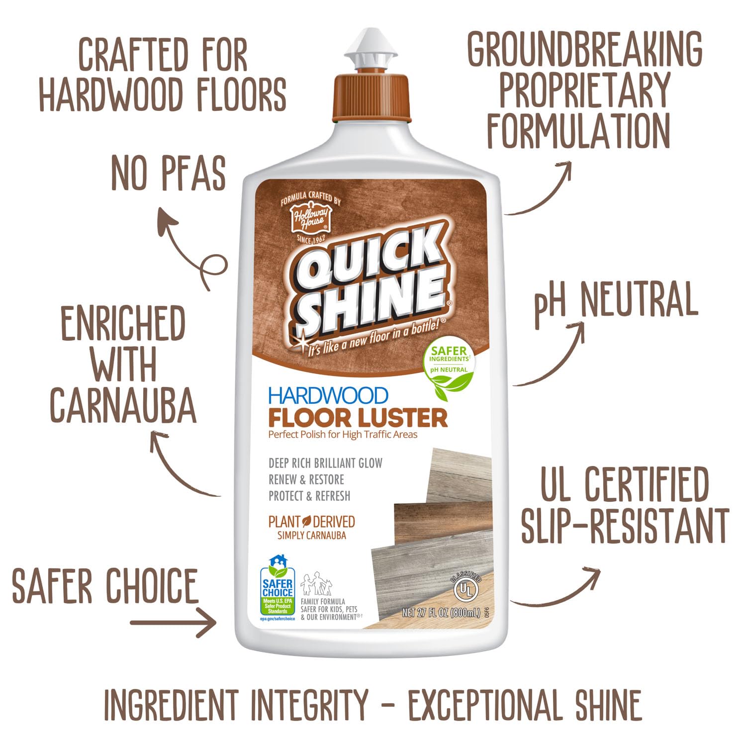 Quick Shine Hardwood Floor Luster-Polish 27oz | Plant-Derived w/Carnauba | Safer Choice, No PFAS, pH Neutral | Ready to Use Formula w/Anti-Slip