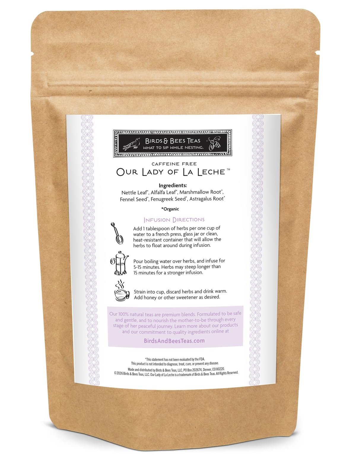 Birds & Bees Teas - Lactation Tea - Our Lady of La Leche Breastfeeding & Lactation drink nourish the supply of Mother's Milk with natural herbs, 40