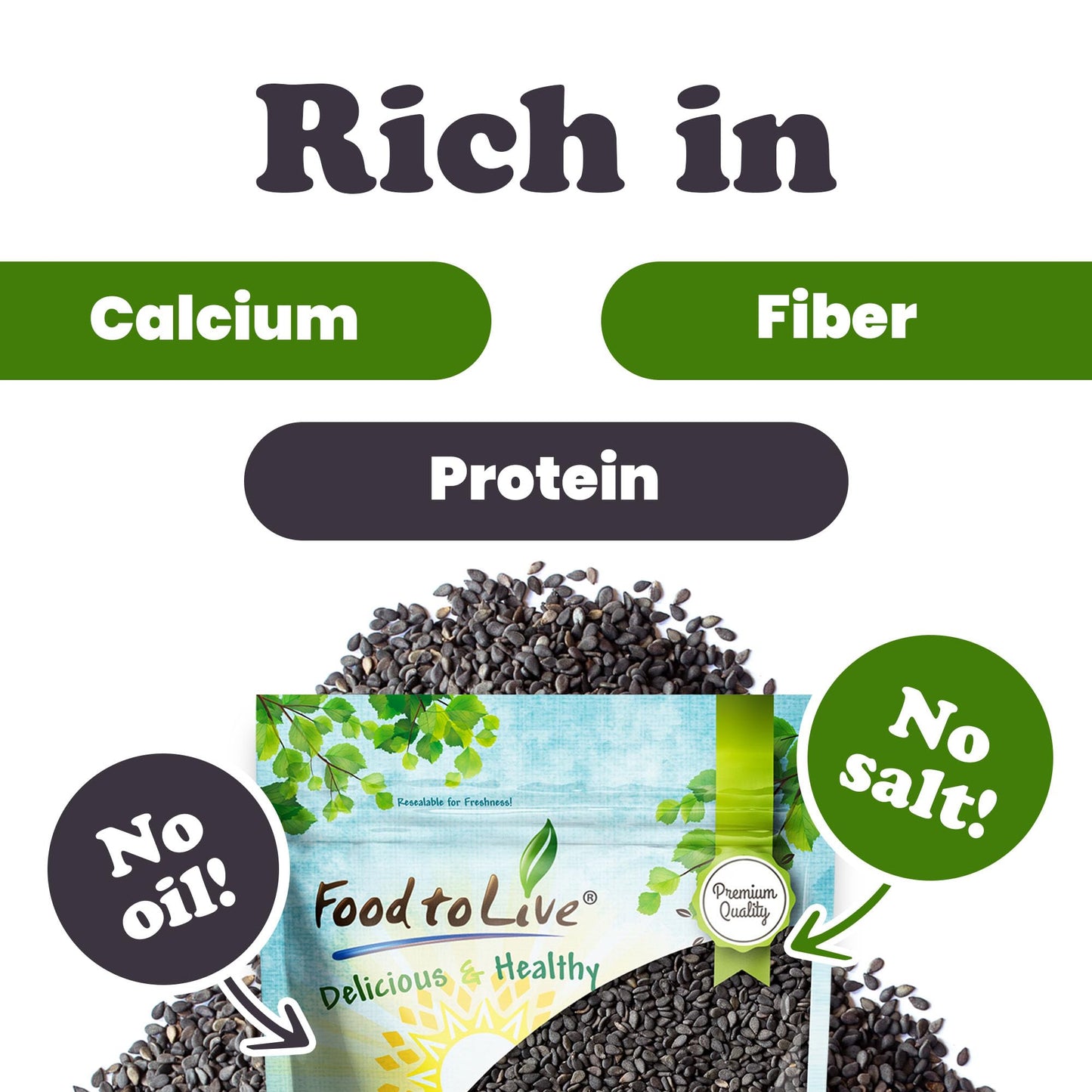 Food to Live Toasted Black Sesame Seeds, 8 Ounces - Crunchy and Nutritious Snack, Oven Roasted, Unsalted, No Oil Added, Perfect for Cooking, Baking