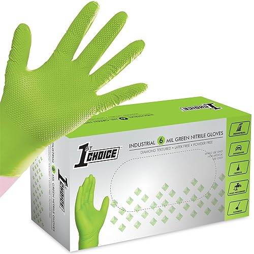 1st Choice 6 mil Green Gloves, Disposable, Latex Free, Raised Diamond Grip, Mechanic Glove for Men, Medium, 1 Box of 100
