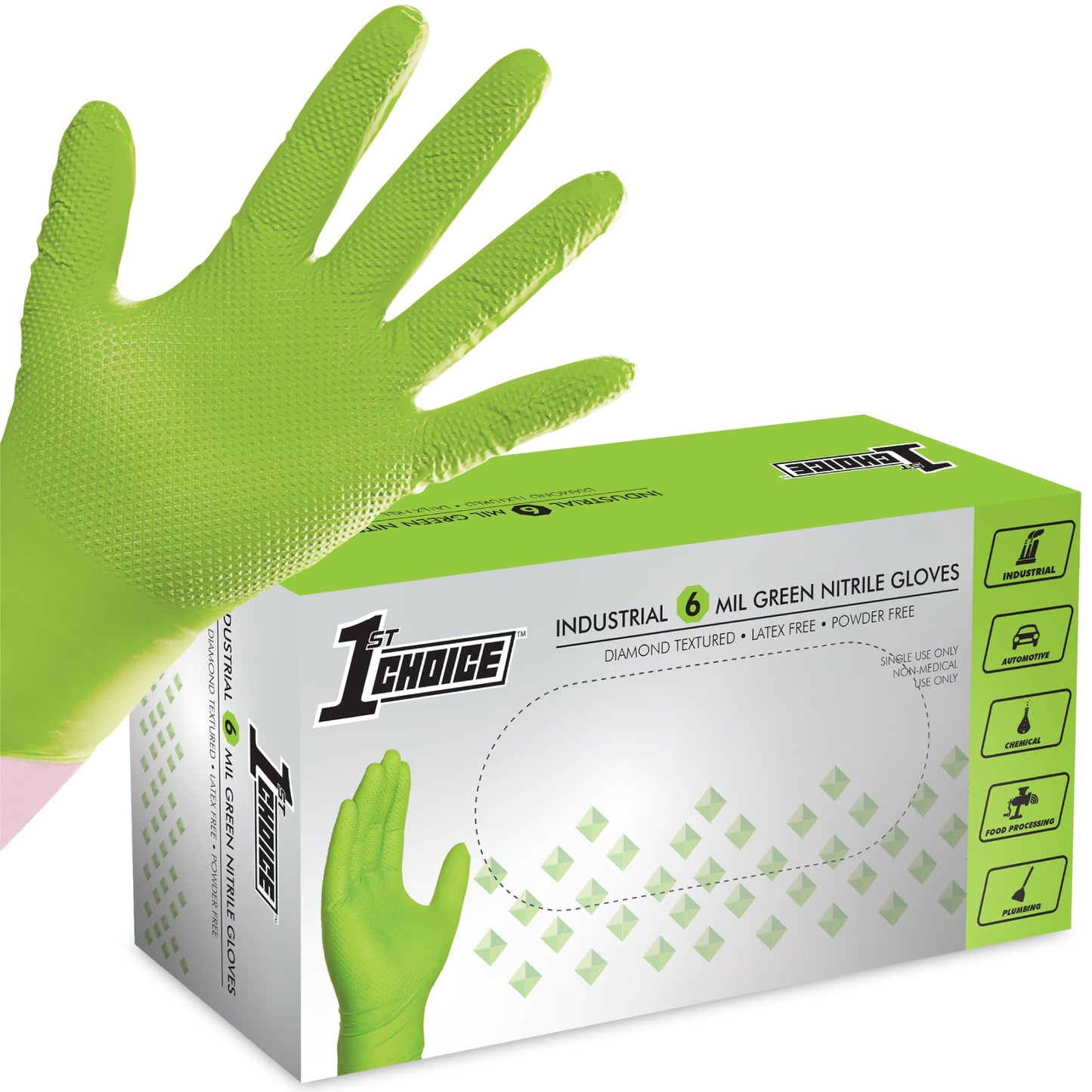1st Choice 6 mil Green Gloves, Disposable, Latex Free, Raised Diamond Grip, Mechanic Glove for Men, Medium, 1 Box of 100