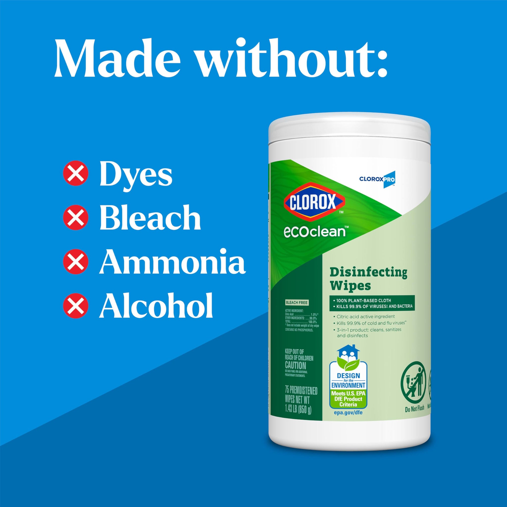 CloroxPro Clorox EcoClean Disinfecting Wipes, Multipurpose 100% Plant Based Cleaning Cloths, Antibacterial Disinfectant, Safe for Multi Surface Use