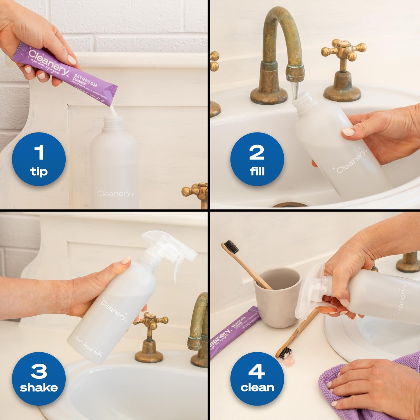 Cleanery Multi Purpose Household Cleaner Refill Powder Concentrate 4 Pack, 2 Multi Purpose and 2 Bathroom, Makes 24oz Each, 4 Fresh Scents
