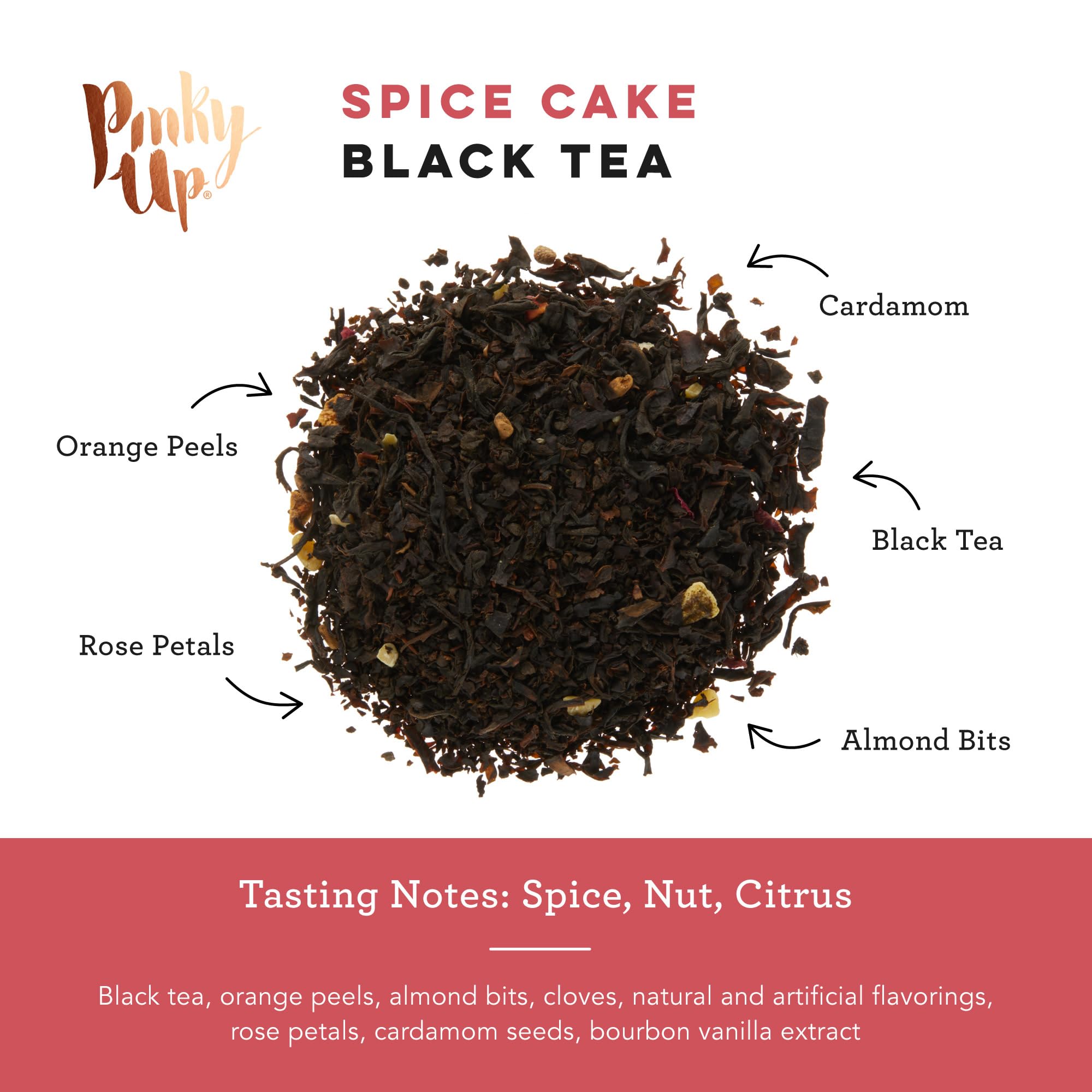 Pinky Up Spice Cake Black Tea, Full Leaf with Spices, Almond, Citrus & Bourbon Vanilla Extract, 15 Sachets, Orange Spice Tea, Rich, Warm Flavors, Self