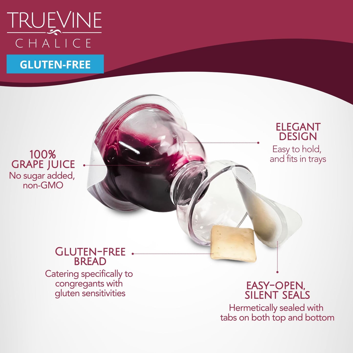 TrueVine Chalice Communion Cups and Wafer Set - Prefilled Cups with Gluten Free Unleavened Bread & Grape Juice - Carefully Packaged & Easy to Open