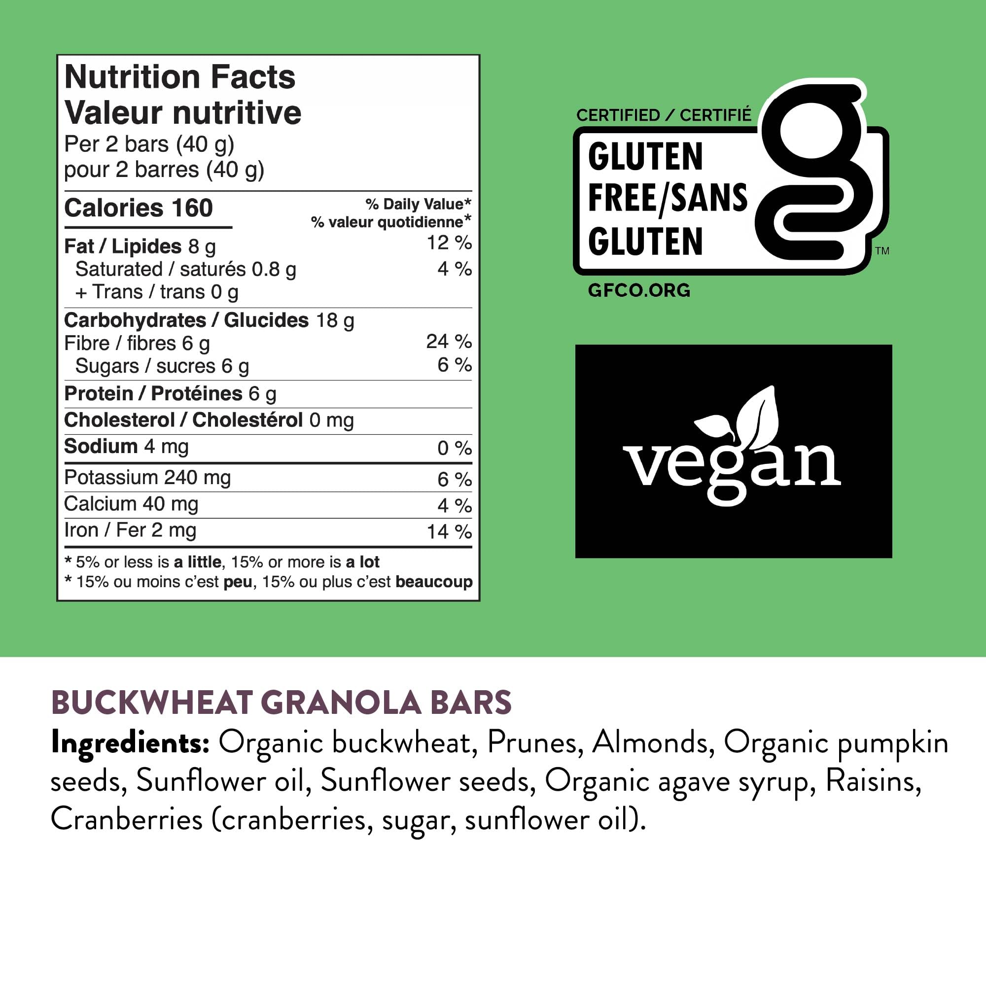 GluteNull Buckwheat Granola Bars, Cranberry-Raisin, Gluten Free, Plant Based, Good Source of Fiber, 8oz