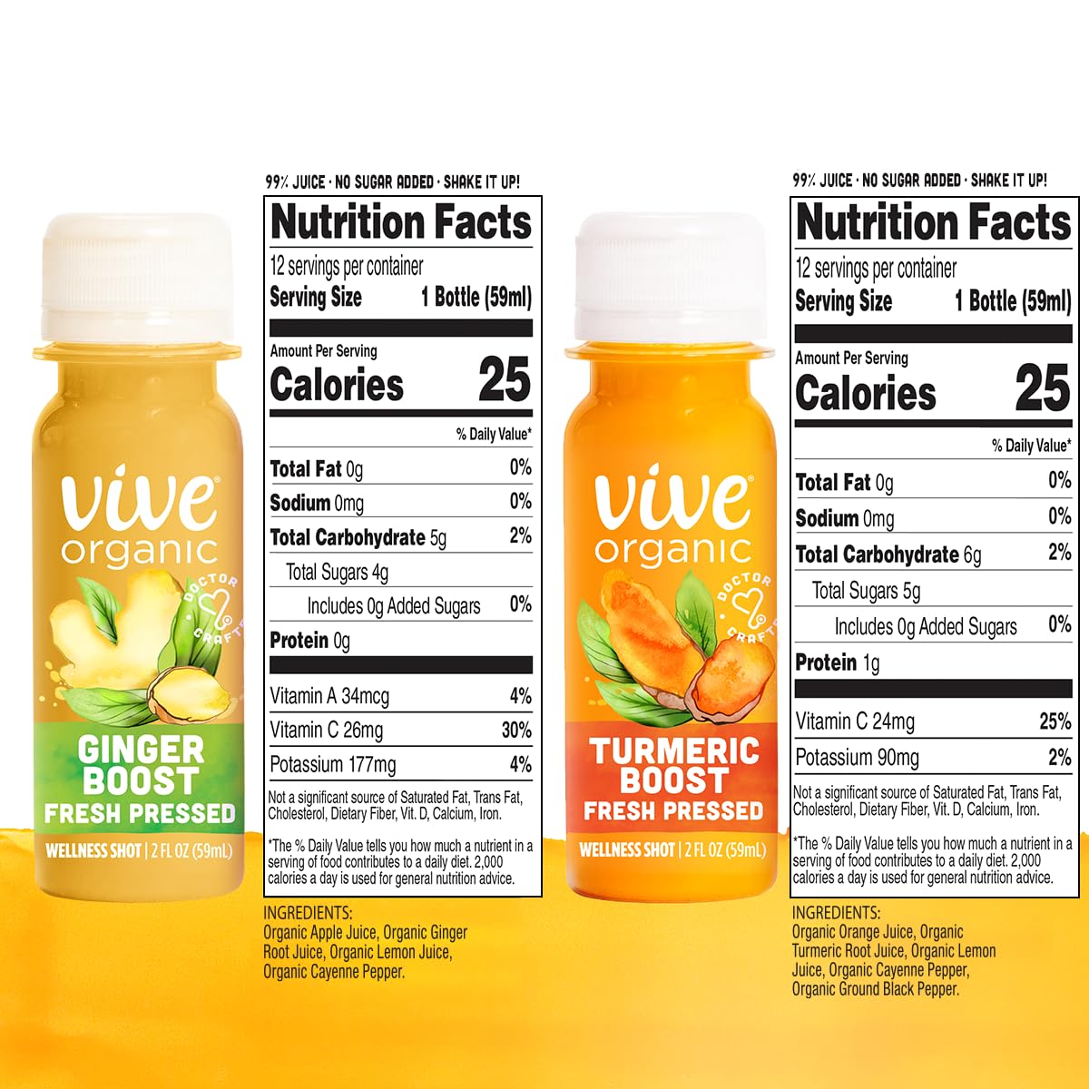 Vive Organic Immune Support Ginger Shot + Turmeric Shot Variety Pack, Cold-Pressed Ginger Root & Turmeric, Gluten Free, Vegan, Immunity Booster, 2 Fl