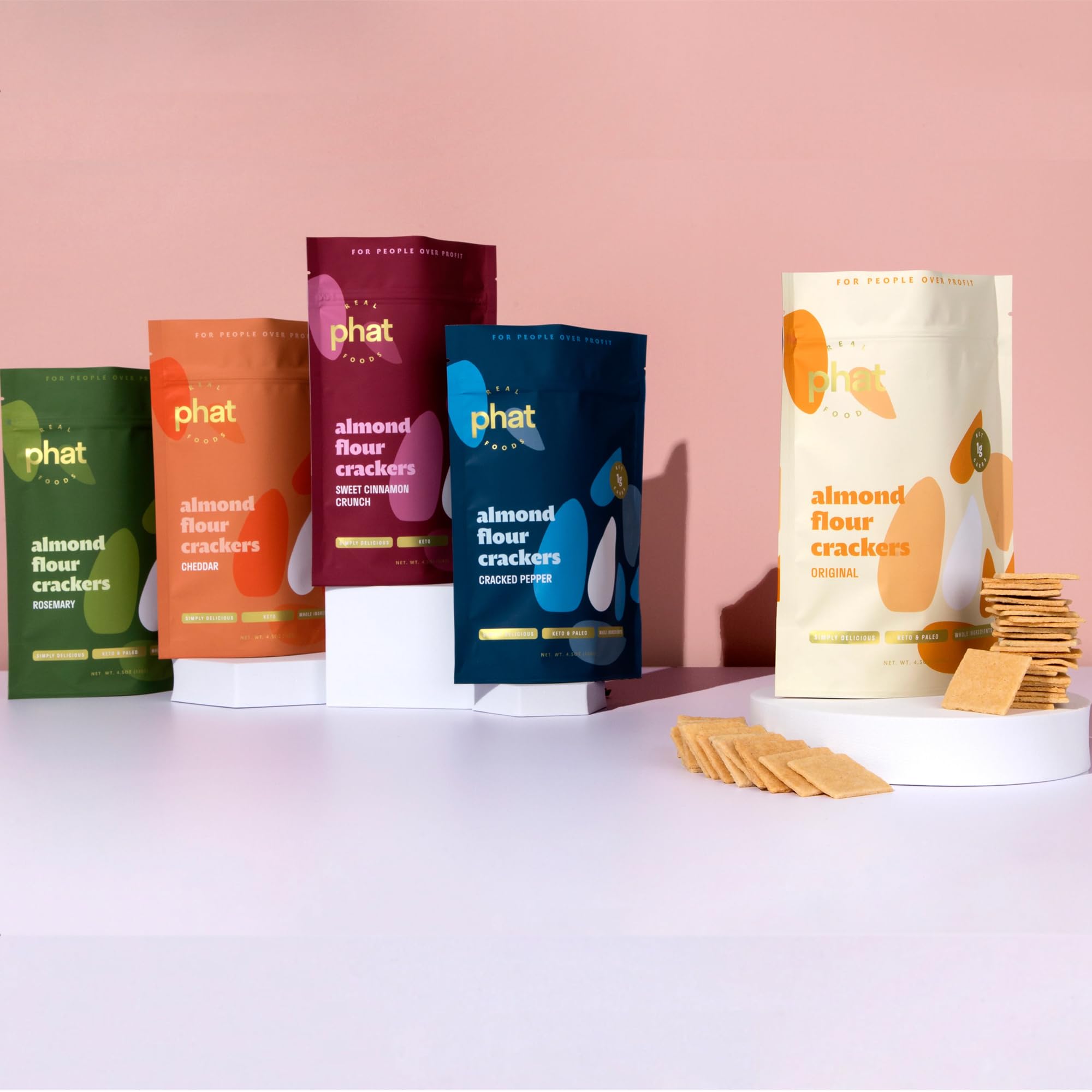 Real Phat Foods Almond Flour Crackers - Low Carb, Gluten-Free, Keto & Paleo Friendly Snack - 4.5 oz (Variety Pack of 5)