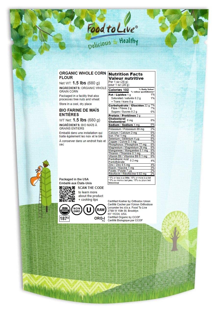 Food to Live Organic Corn Flour, 1.5 Pounds Non-GMO, Whole Grain, Finely Ground Meal, Vegan, Kosher, Bulk Yellow Milled Maize. Great for Cooking