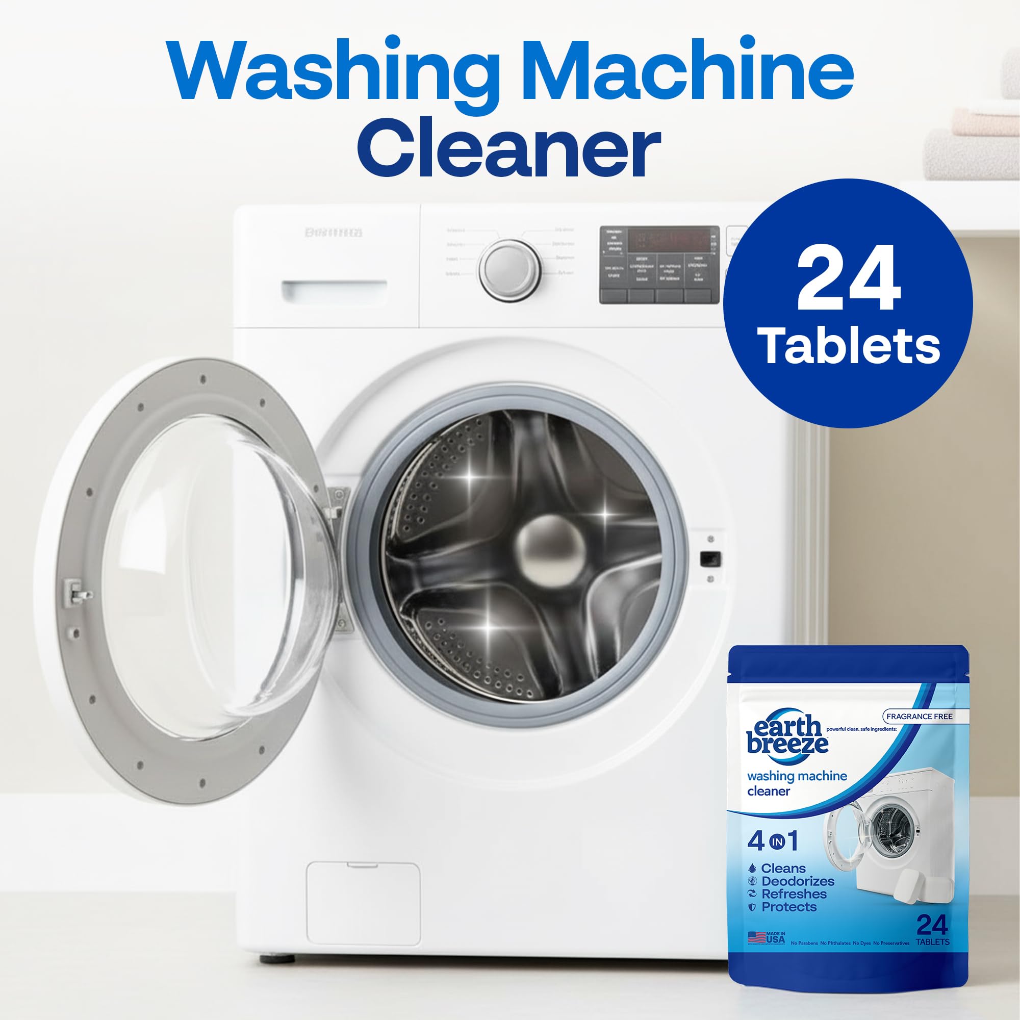 Earth Breeze Washing Machine Cleaner Tablets - 1 Year Supply - Deep Cleans, Removes Odors, Residue & Buildup - Front Load, Top Load & HE Washers