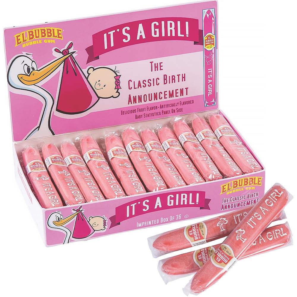Fun Express It's A Girl Bubble Gum Cigars - Pink Baby Shower Favors for Guests 36 Pack | Gender Reveal Party Favors & Prizes | Individually Wrapped