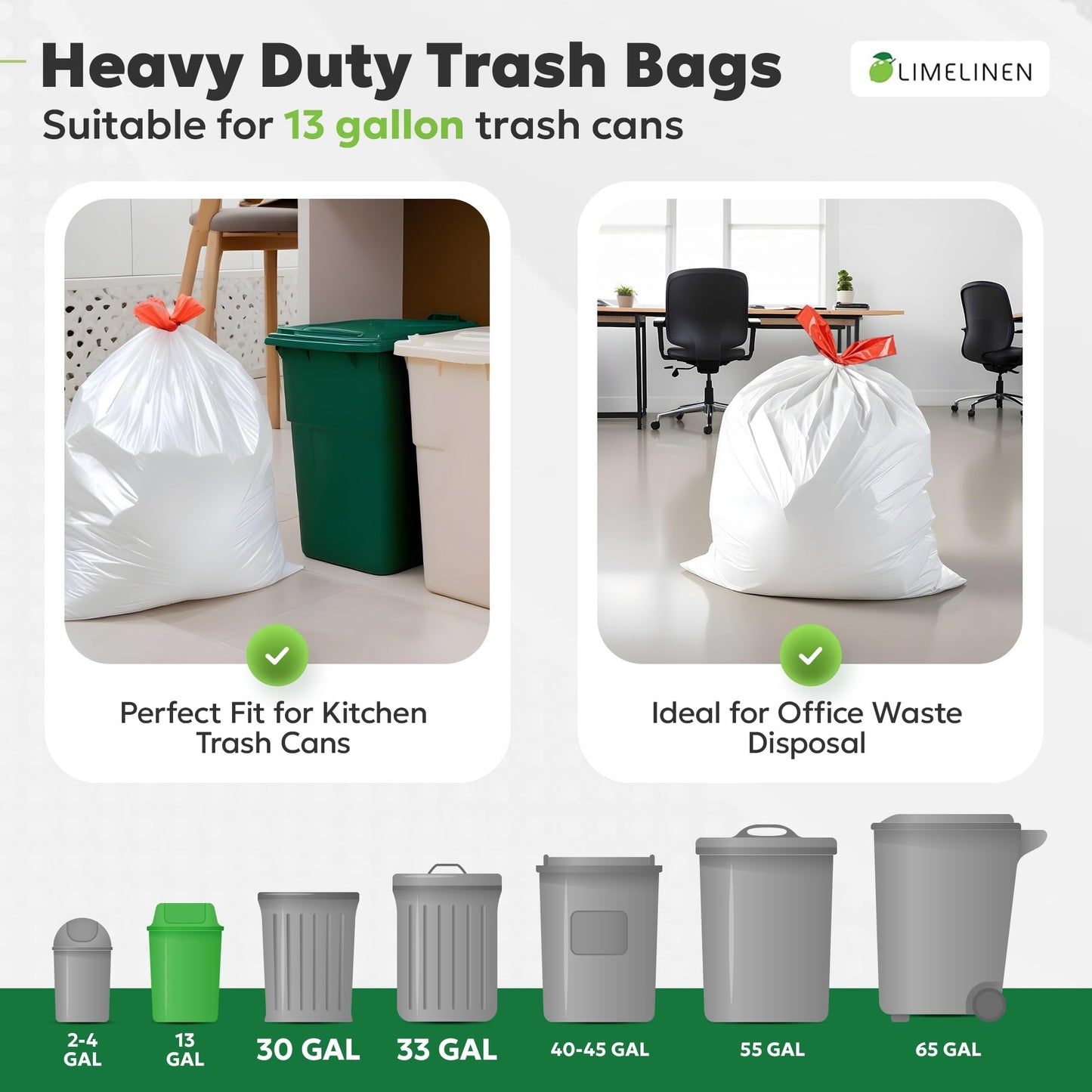 LIMELINEN Tall Kitchen Trash Bags with Drawstring, 200 Count, 13-gallon Trash Bag of 0.9 mil Thickness, Leak and Odor-Resistant, Heavy-Duty Plastic
