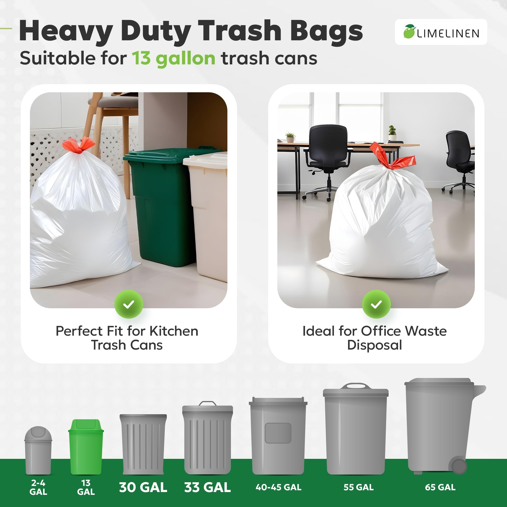 LIMELINEN Tall Kitchen Trash Bags with Drawstring, 200 Count, 13-gallon Trash Bag of 0.9 mil Thickness, Leak and Odor-Resistant, Heavy-Duty Plastic