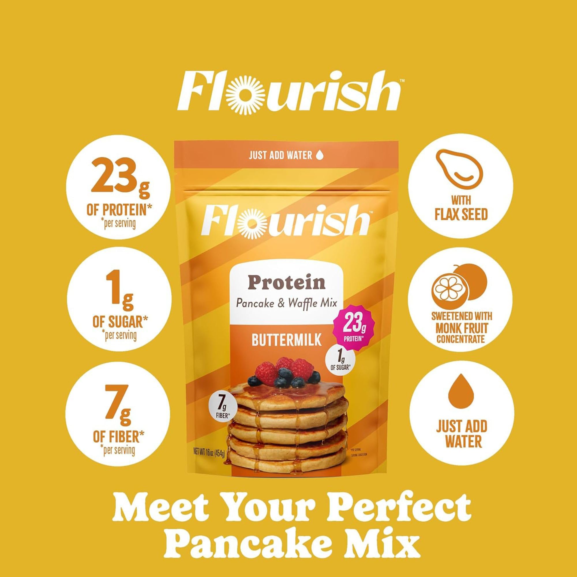 Flourish Protein Pancake & Waffle Mix, with Whey Protein & Flax Seed, No Added Sugar, High in Protein & Fiber - Just Add Water - Buttermilk Flavour, 16 oz (2 Pack)