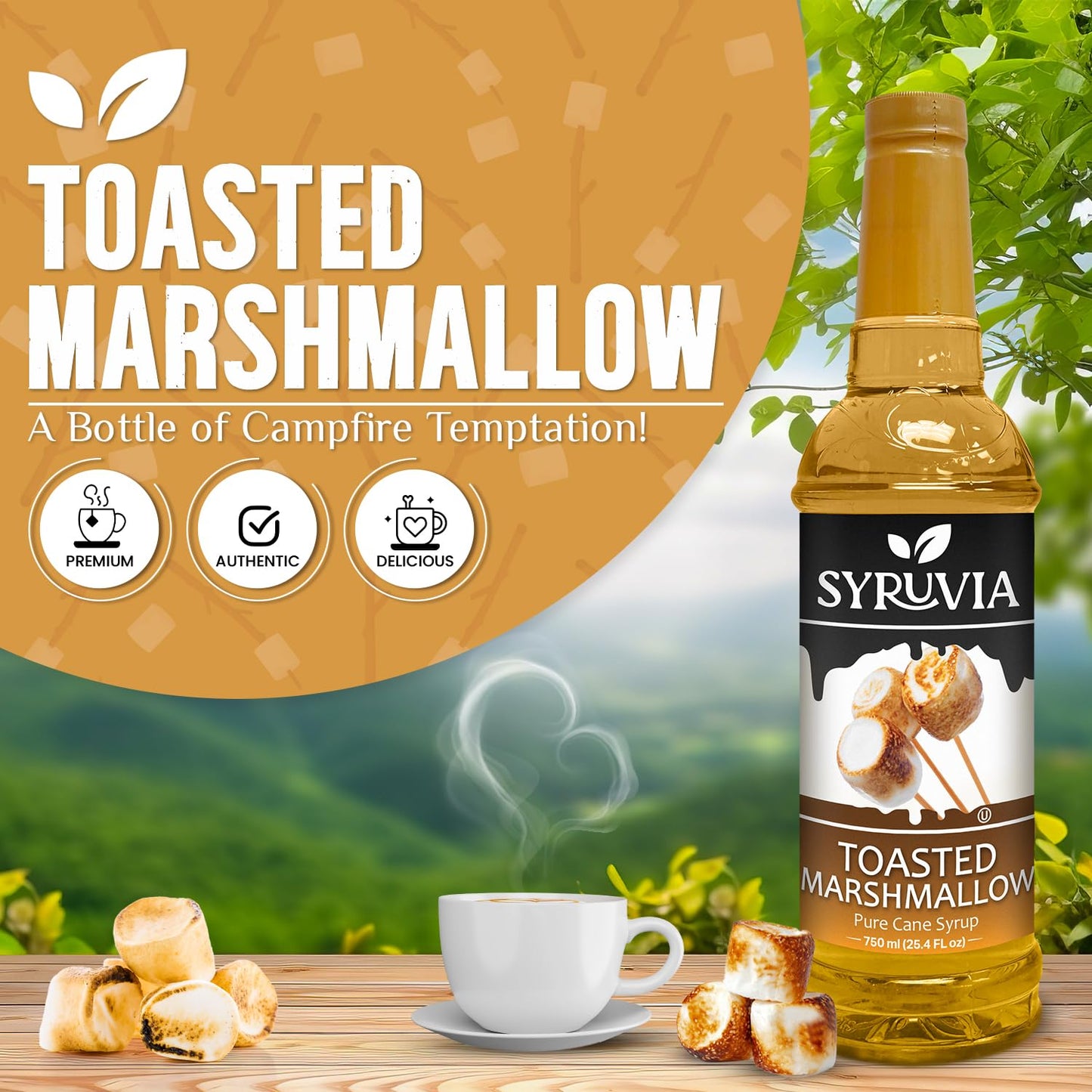 Syruvia Coffee Syrup, Toasted Marshmallow Flavored Syrup for Drinks, Lattes, and Desserts - 25.4 fl oz, With Pump