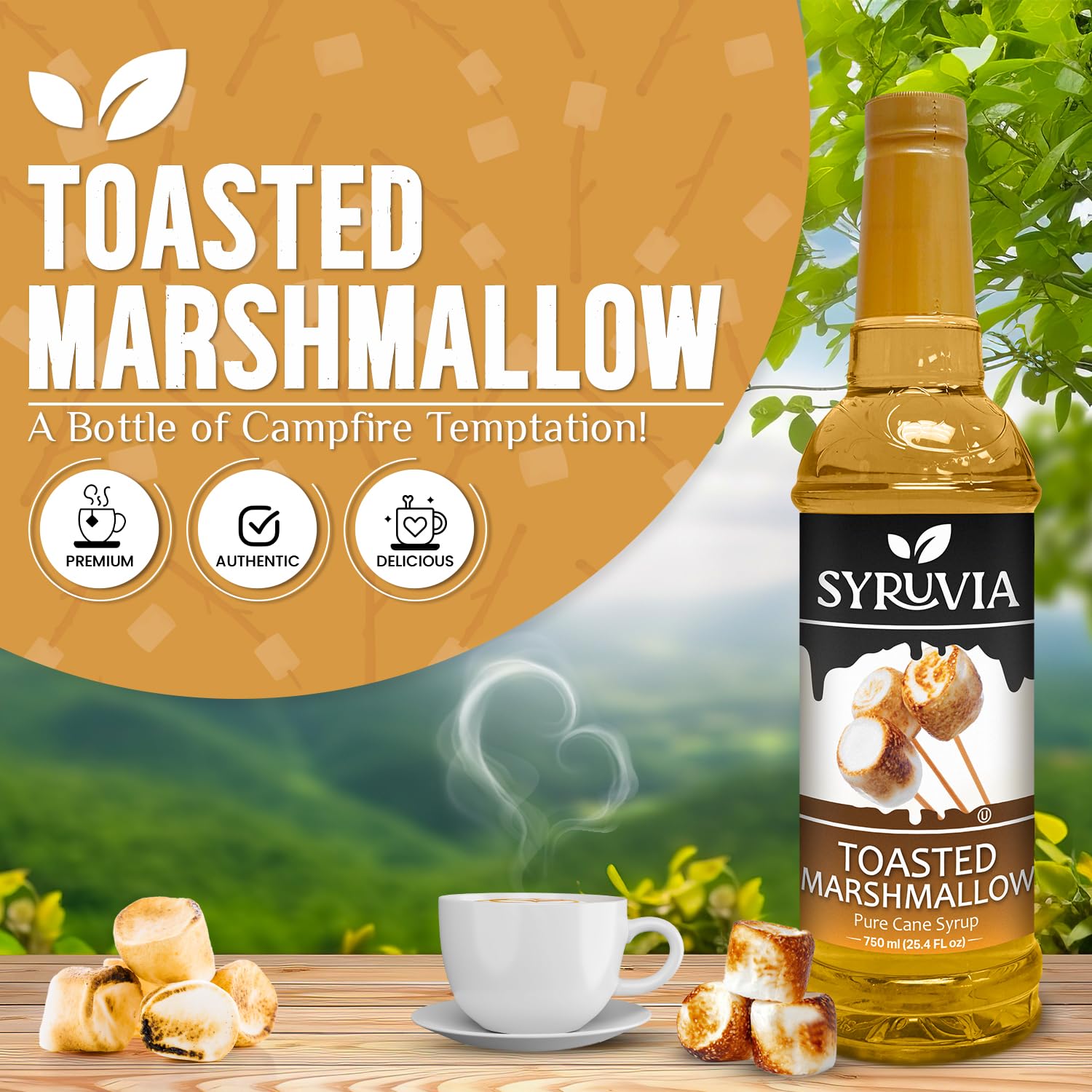 Syruvia Coffee Syrup, Toasted Marshmallow Flavored Syrup for Drinks, Lattes, and Desserts - 25.4 fl oz, With Pump