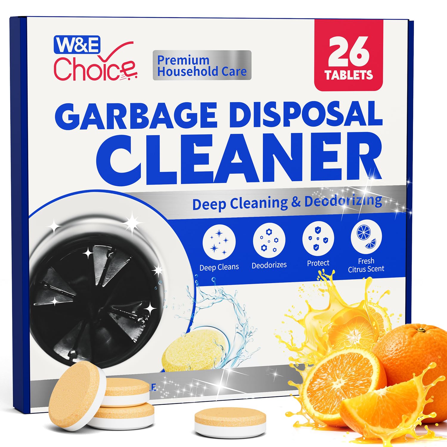 W&E Choice Garbage Disposal Cleaner and Deodorizer Tablets - 26 Pack, Powerful XXL Foaming Tablets, Citrus Scent Sink Cleaner and Deodorizer, Septic