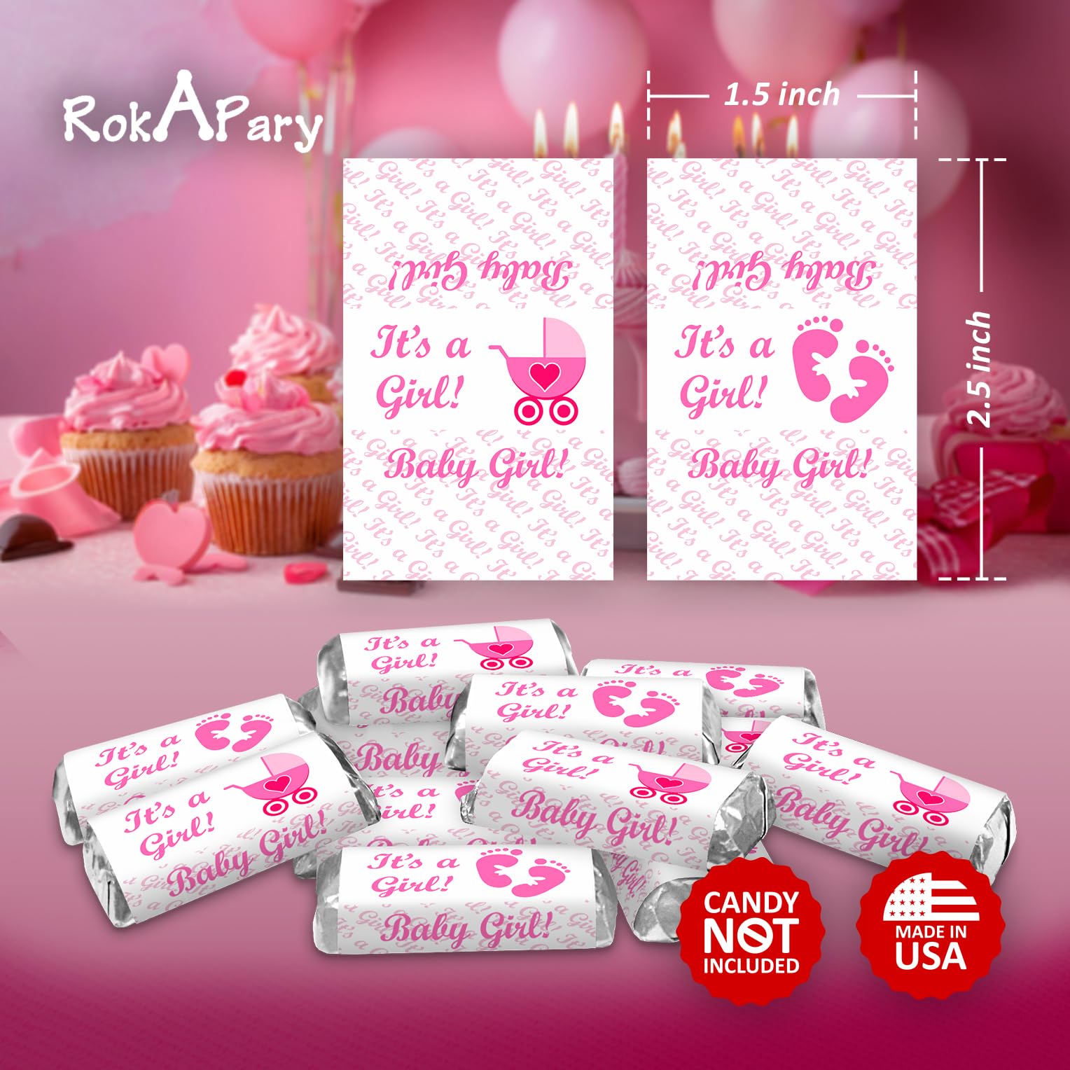 60 Pink Its a Girl Baby Shower Miniatures Candy Bar Wrapper, Baby Shower Miniatures Candy Bar Stickers