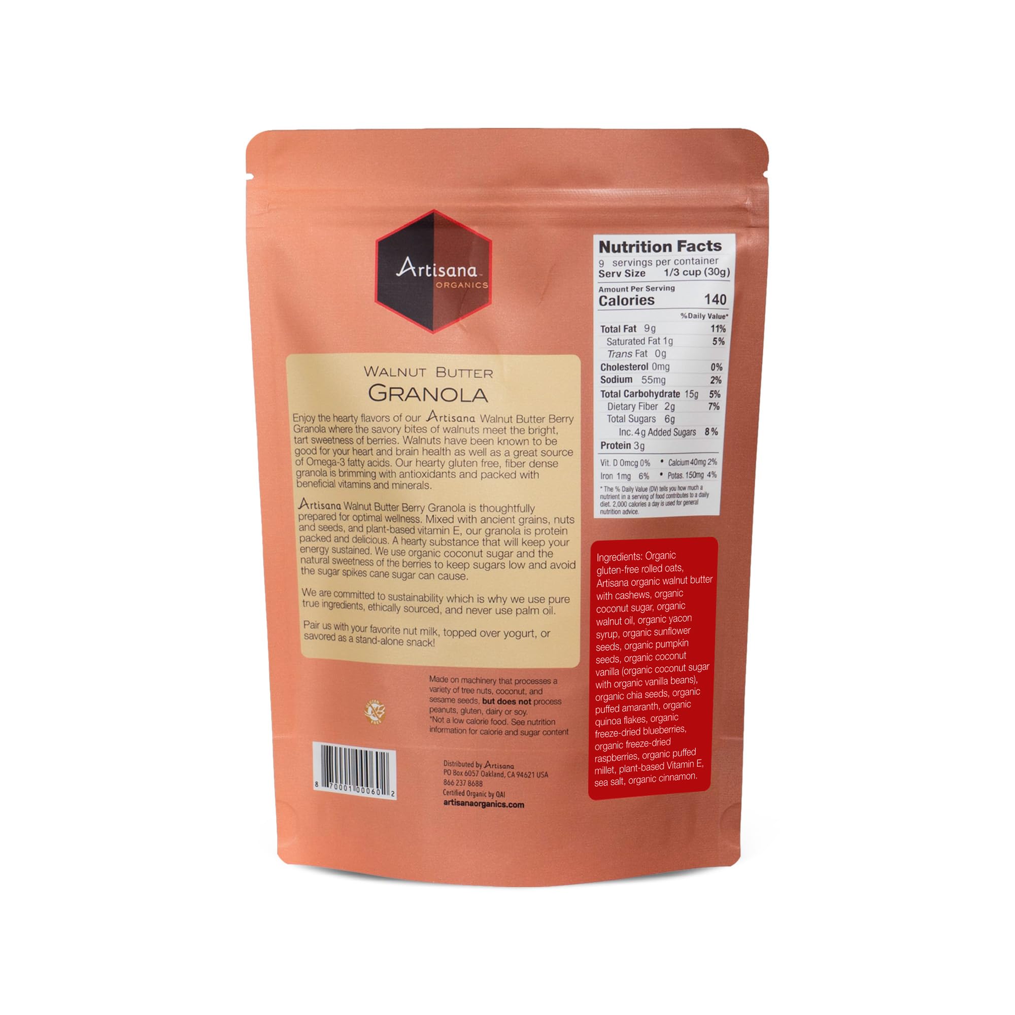 Artisana Organics Walnut Granola (Walnut Cashew) - Gluten-Free, Vegan, Low Glycemic, Organic, Palm Oil-Free, Ancient Grains with Plant-Based Vitamin