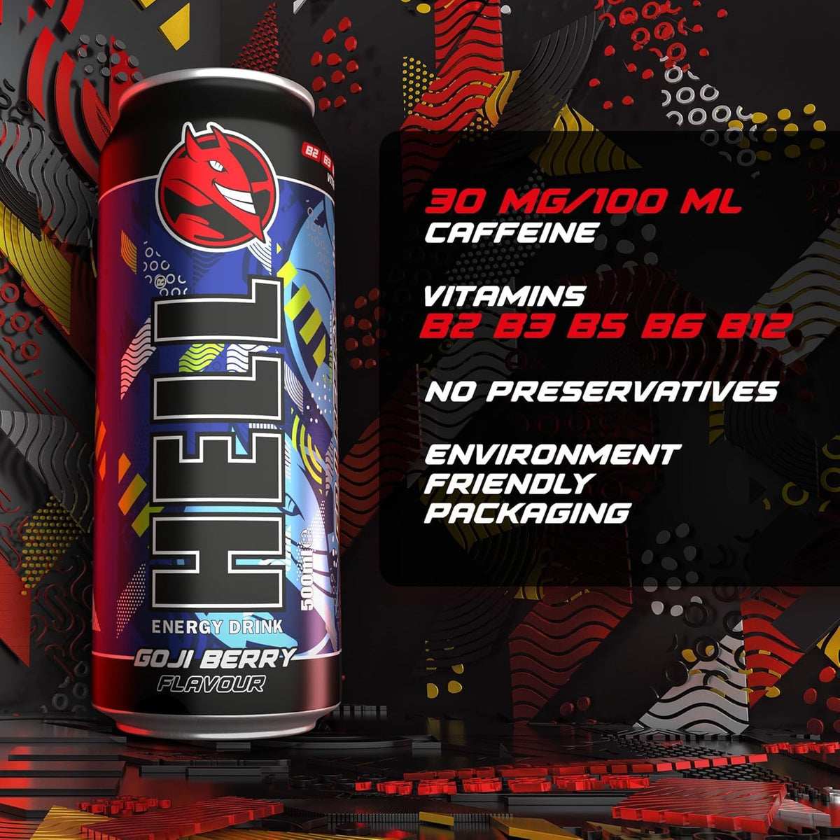 HELL Energy Drink | +20% More Caffeine | Vitamins B2, B3, B6, B12, C & D | No Preservatives | Environmentally Friendly Packaging | 12 x 500 ml |